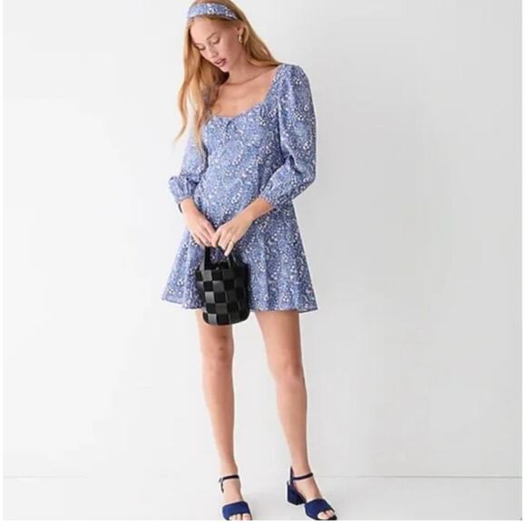 J. Crew Liberty Dress Women 2 Blue Sweetheart Long Sleeve Mini Bourton Bloom New - Picture 1 of 15